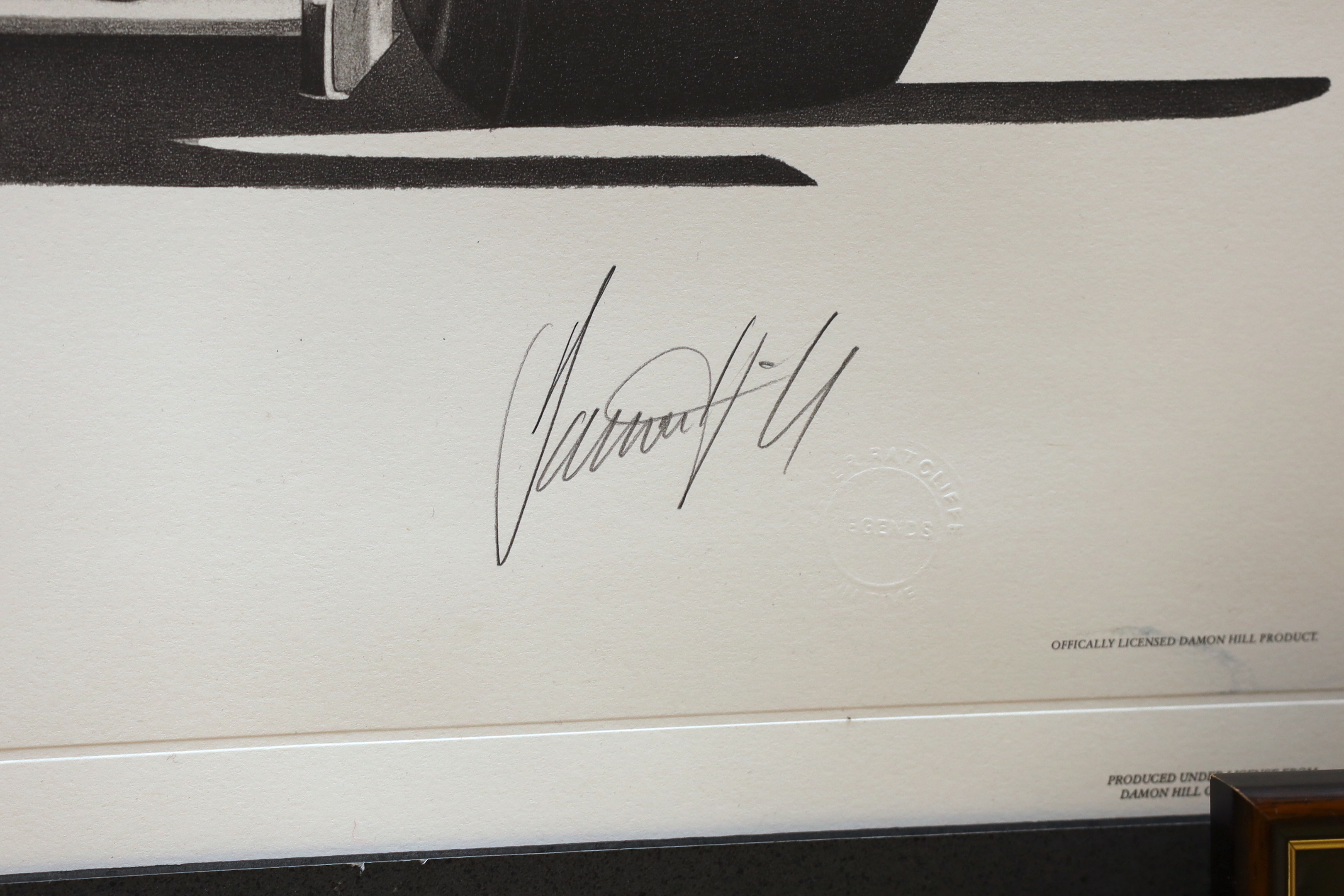 Alan Stammers (20th. C), pencil signed limited edition print, 1996 Damien Hill, Williams Renault, together with a colour photograph and another print, largest 80 x 85cm